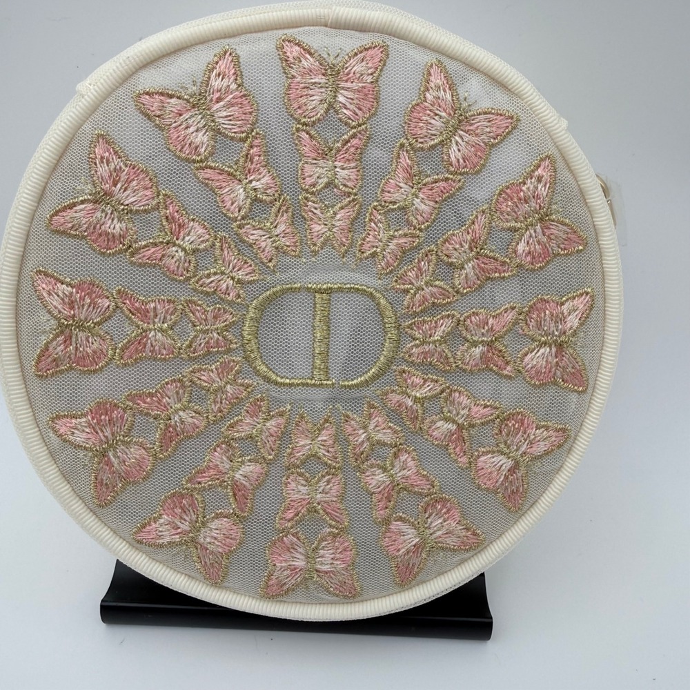 Dior Butterfly Mesh Makeup Bag Round Pink Embroidered Zip Pouch New - Picture 2 of 8